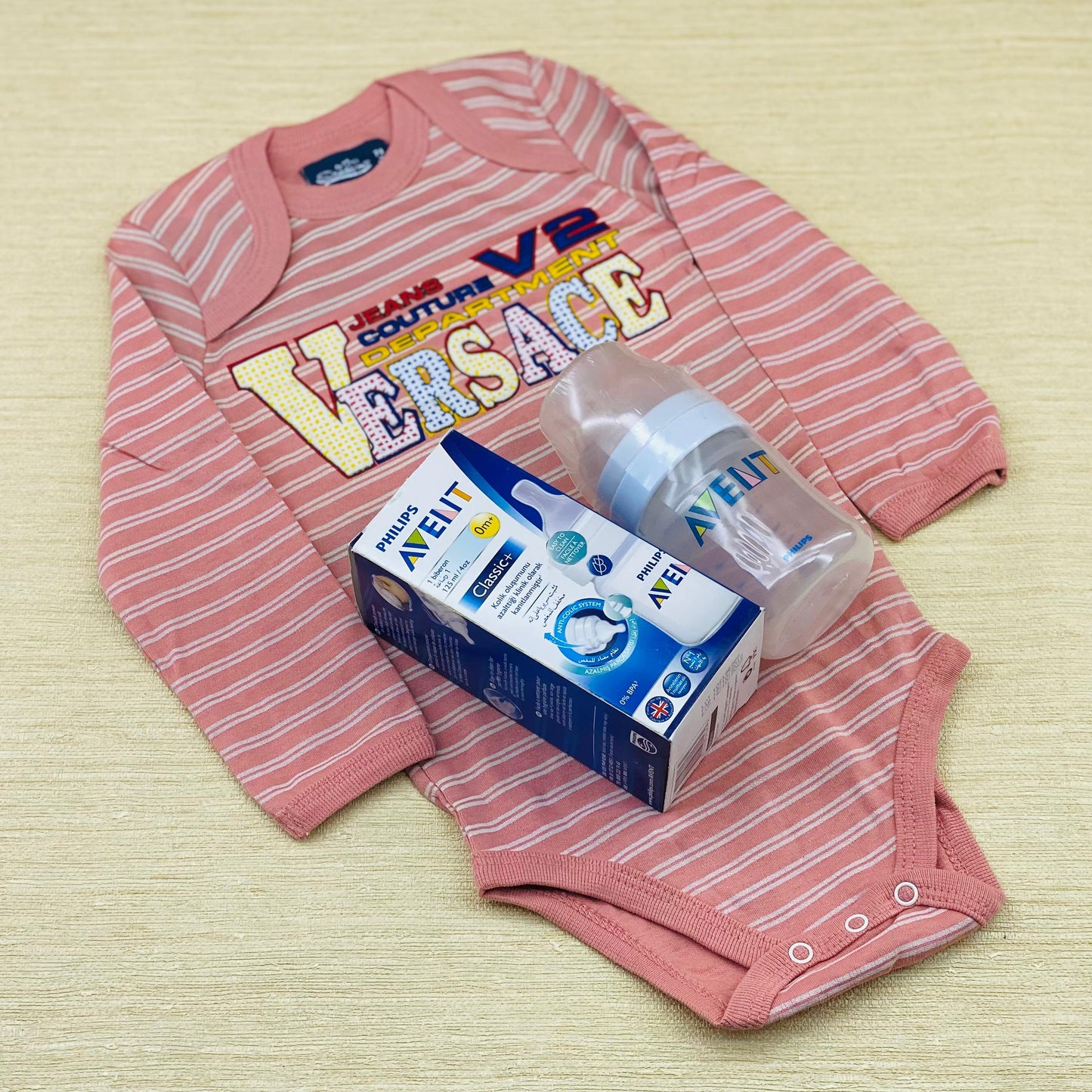 Pink Striped Long Sleeve Baby Romper With Philips Avent Feeder and 125ml